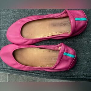 Tieks Pink Leather Ballet Flats with Teal Heel Tab
